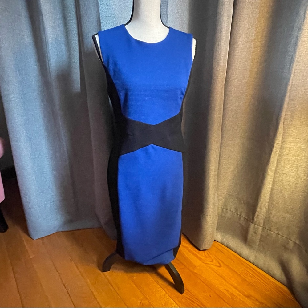 Blue/black block colored work dress.  Very classic and comfortable.